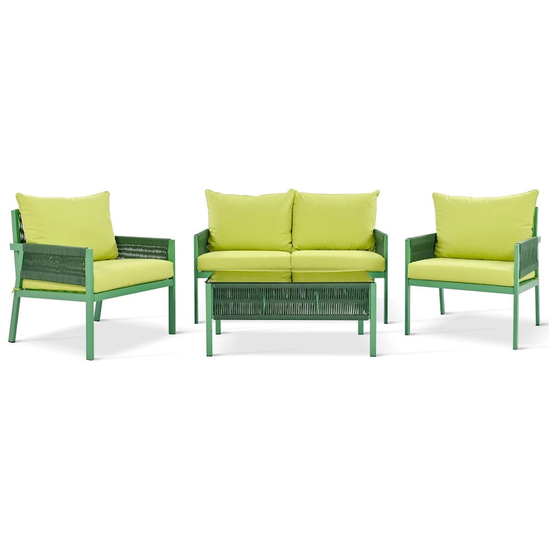 Ensemble de mobilier de patio 4 pièces, ensemble de conversation de jardin extérieur avec table en verre trempé, sièges profonds et coussins épais