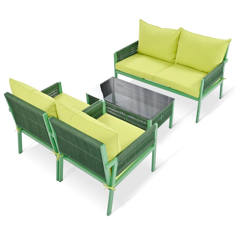 Ensemble de mobilier de patio 4 pièces, ensemble de conversation de jardin extérieur avec table en verre trempé, sièges profonds et coussins épais