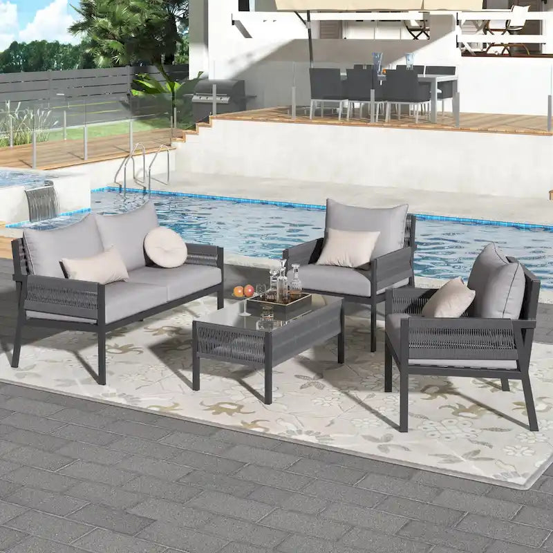 Ensemble de mobilier de patio 4 pièces, ensemble de conversation de jardin extérieur avec table en verre trempé, sièges profonds et coussins épais