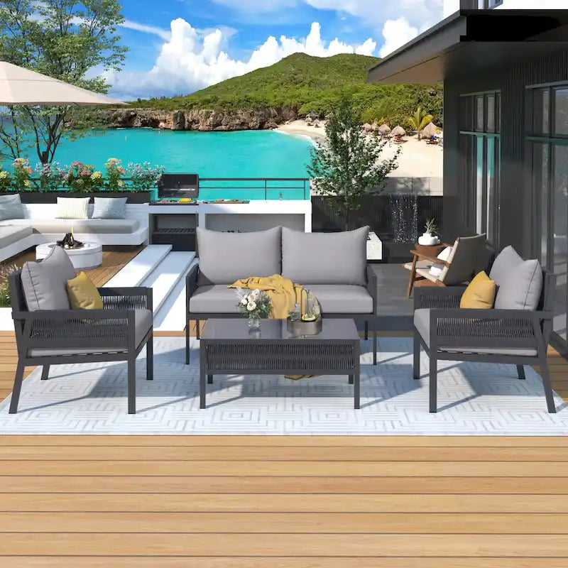 Ensemble de mobilier de patio 4 pièces, ensemble de conversation de jardin extérieur avec table en verre trempé, sièges profonds et coussins épais