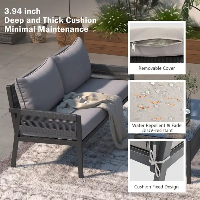 Ensemble de mobilier de patio 4 pièces, ensemble de conversation de jardin extérieur avec table en verre trempé, sièges profonds et coussins épais