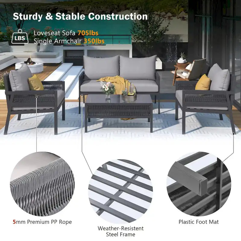 Ensemble de mobilier de patio 4 pièces, ensemble de conversation de jardin extérieur avec table en verre trempé, sièges profonds et coussins épais
