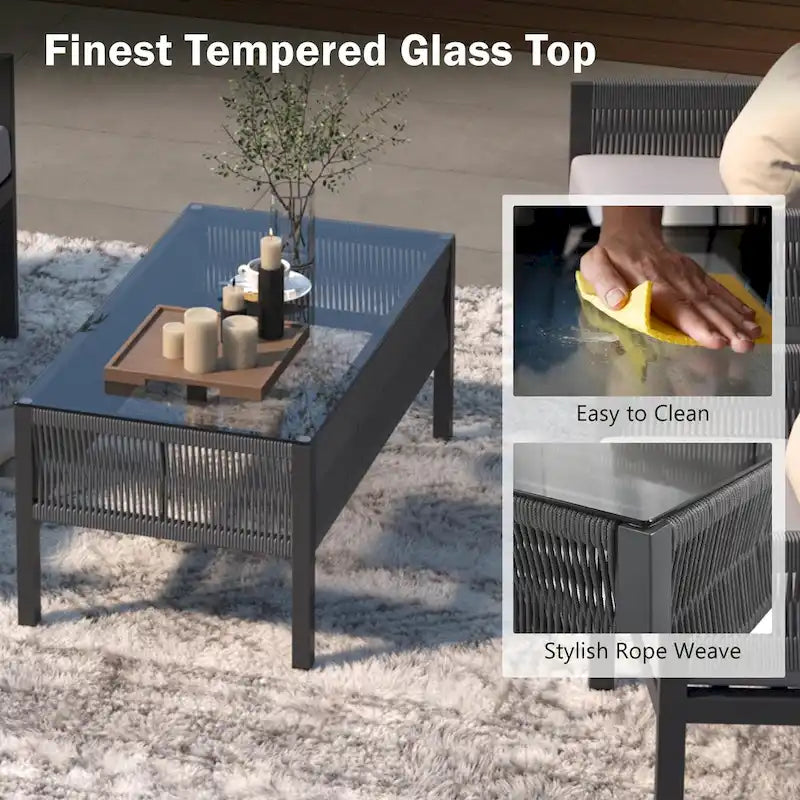 Ensemble de mobilier de patio 4 pièces, ensemble de conversation de jardin extérieur avec table en verre trempé, sièges profonds et coussins épais