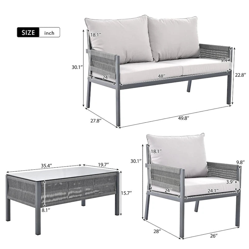 Ensemble de mobilier de patio 4 pièces, ensemble de conversation de jardin extérieur avec table en verre trempé, sièges profonds et coussins épais