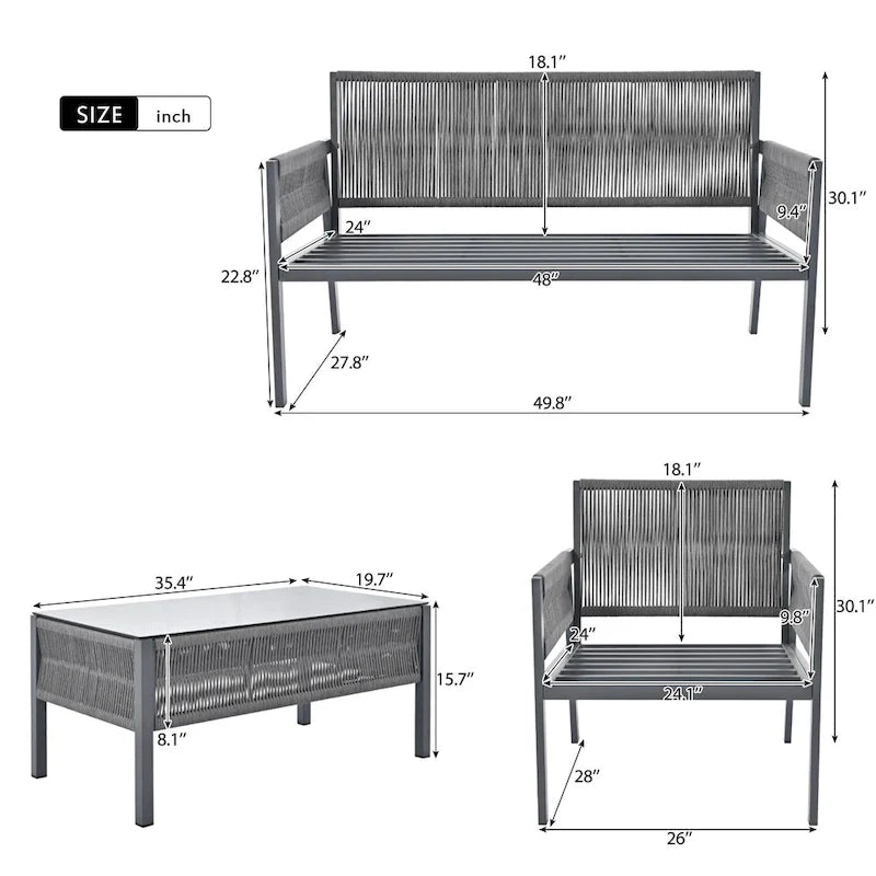 Ensemble de mobilier de patio 4 pièces, ensemble de conversation de jardin extérieur avec table en verre trempé, sièges profonds et coussins épais