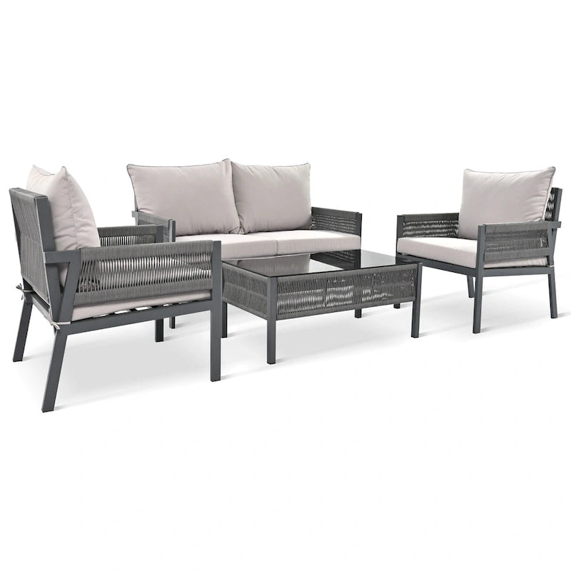 Ensemble de mobilier de patio 4 pièces, ensemble de conversation de jardin extérieur avec table en verre trempé, sièges profonds et coussins épais