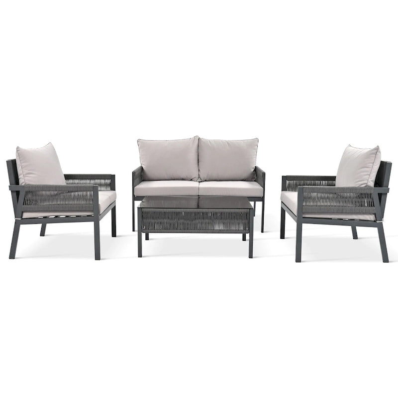 Ensemble de mobilier de patio 4 pièces, ensemble de conversation de jardin extérieur avec table en verre trempé, sièges profonds et coussins épais