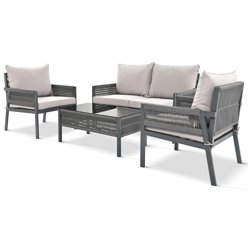 Ensemble de mobilier de patio 4 pièces, ensemble de conversation de jardin extérieur avec table en verre trempé, sièges profonds et coussins épais