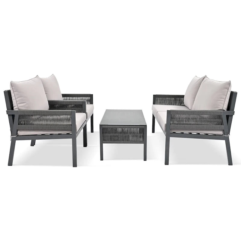 Ensemble de mobilier de patio 4 pièces, ensemble de conversation de jardin extérieur avec table en verre trempé, sièges profonds et coussins épais