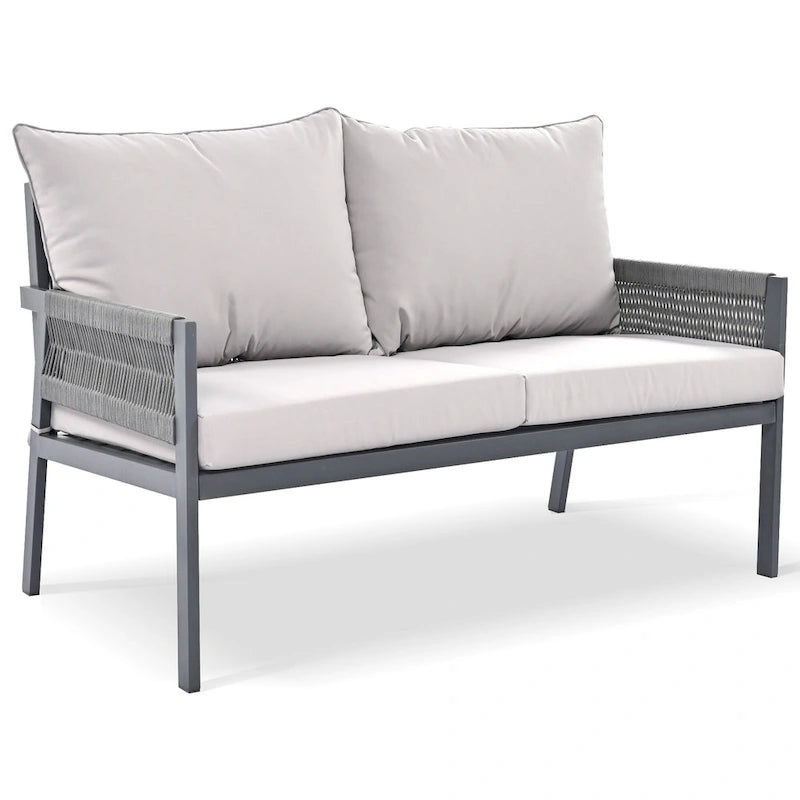 Ensemble de mobilier de patio 4 pièces, ensemble de conversation de jardin extérieur avec table en verre trempé, sièges profonds et coussins épais