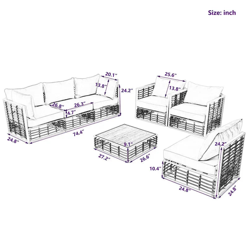 Ensemble de meubles de patio 7 pièces, ensemble de meubles de conversation tout temps, ensemble de canapé sectionnel de patio avec coussins et table basse