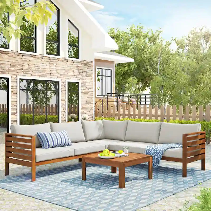 Ensemble de meubles de patio extérieur 4 pièces, ensemble de conversation sectionnel de patio avec table basse, canapé deux places et canapé d'angle
