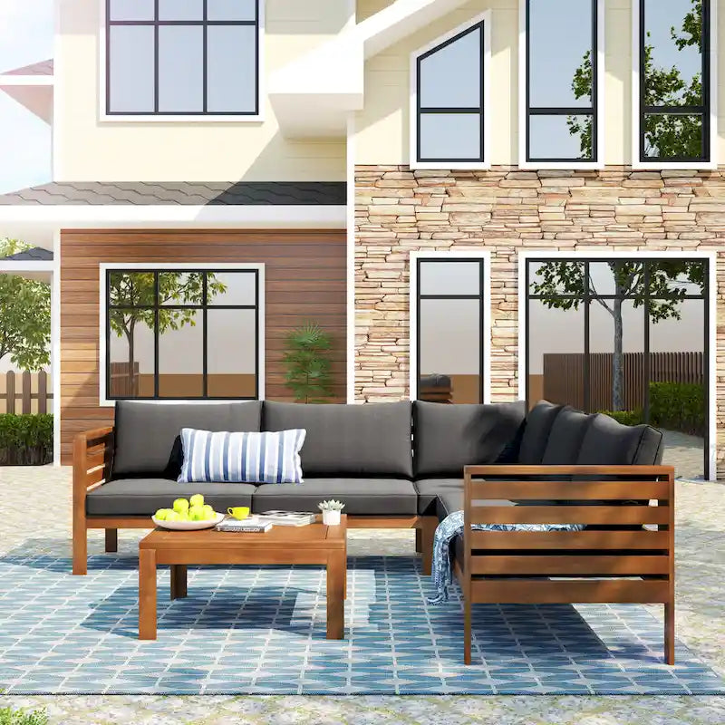 Ensemble de meubles de patio extérieur 4 pièces, ensemble de conversation sectionnel de patio avec table basse, canapé deux places et canapé d'angle