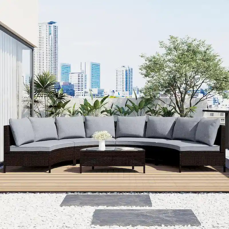 Salon de jardin 5 pièces, ensemble de canapés modulables en rotin PE tressé résistant aux intempéries avec table en verre trempé