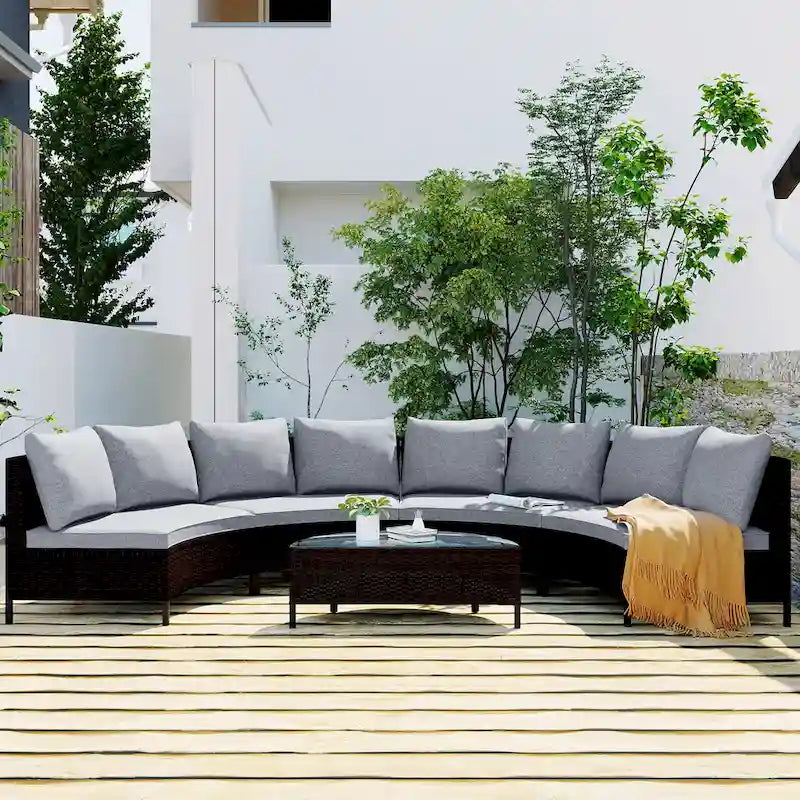 Salon de jardin 5 pièces, ensemble de canapés modulables en rotin PE tressé résistant aux intempéries avec table en verre trempé