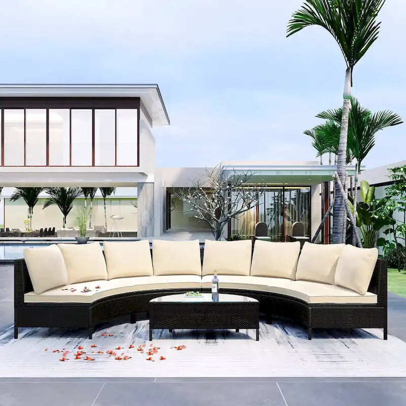 Salon de jardin 5 pièces, ensemble de canapés modulables en rotin PE tressé résistant aux intempéries avec table en verre trempé