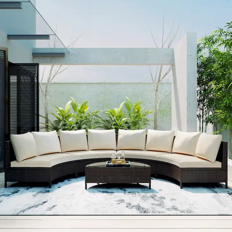 Salon de jardin 5 pièces, ensemble de canapés modulables en rotin PE tressé résistant aux intempéries avec table en verre trempé