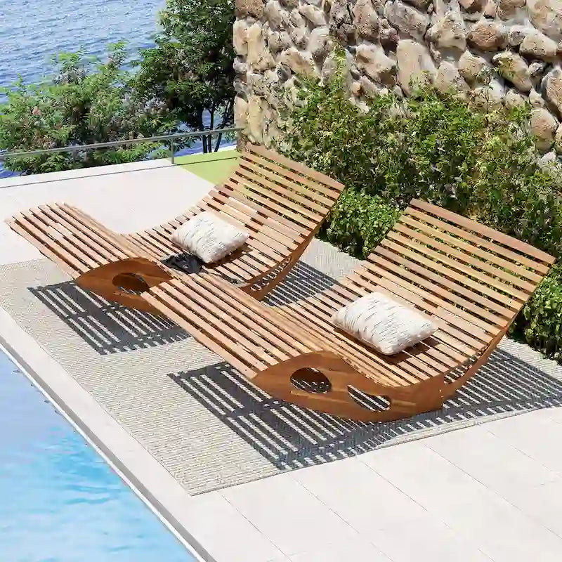 Gymax Lot de 2 chaises longues doubles d'extérieur à dossier haut et lattes pour 2 personnes