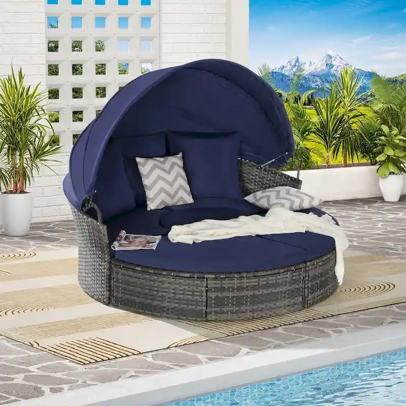 Ensemble de 5 pièces de mobilier d'extérieur pour terrasse, lit de jour rond en osier, ensemble de conversation avec auvent rétractable, coussins moelleux et table escamotable