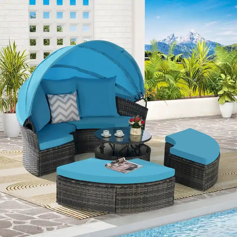 Ensemble de 5 pièces de mobilier d'extérieur pour terrasse, lit de jour rond en osier, ensemble de conversation avec auvent rétractable, coussins moelleux et table escamotable