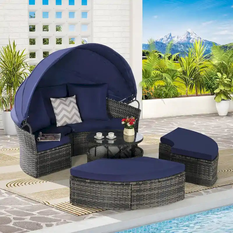 Ensemble de 5 pièces de mobilier d'extérieur pour terrasse, lit de jour rond en osier, ensemble de conversation avec auvent rétractable, coussins moelleux et table escamotable