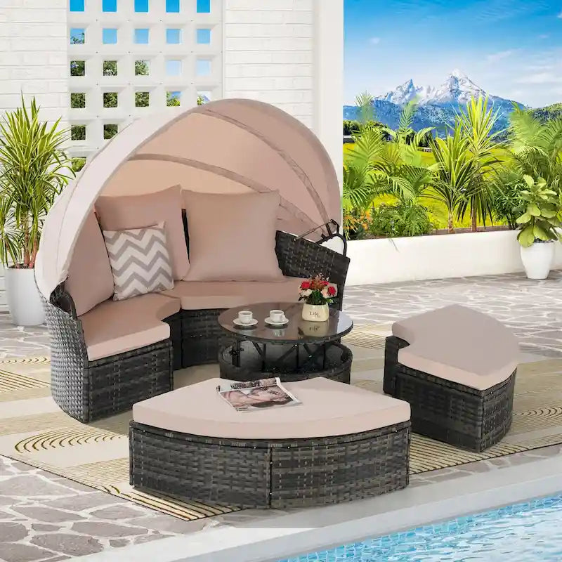 Ensemble de 5 pièces de mobilier d'extérieur pour terrasse, lit de jour rond en osier, ensemble de conversation avec auvent rétractable, coussins moelleux et table escamotable