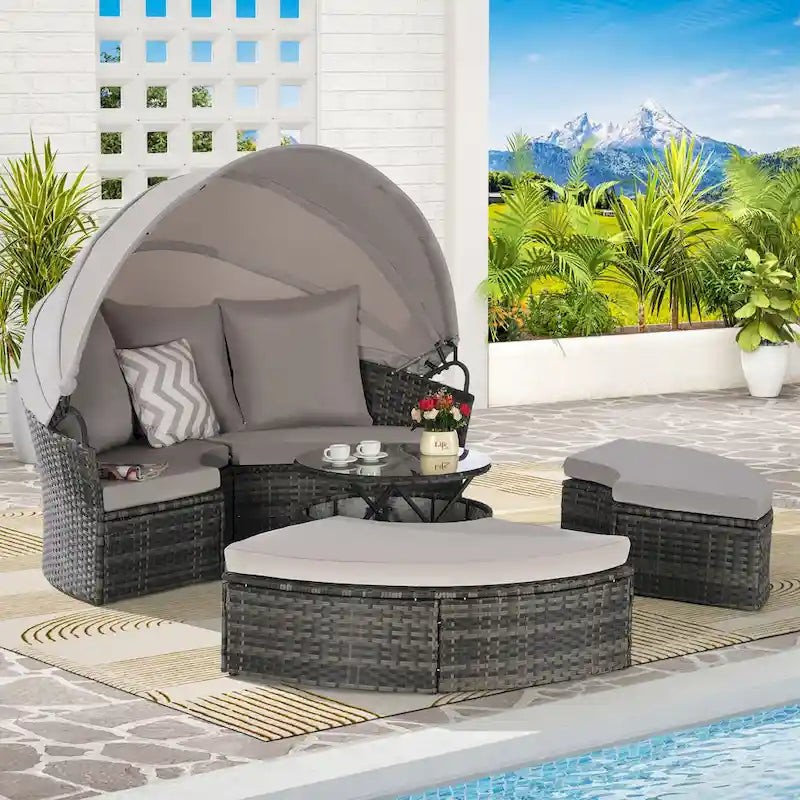 Ensemble de 5 pièces de mobilier d'extérieur pour terrasse, lit de jour rond en osier, ensemble de conversation avec auvent rétractable, coussins moelleux et table escamotable