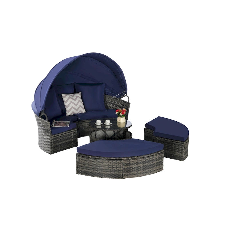 Ensemble de 5 pièces de mobilier d'extérieur pour terrasse, lit de jour rond en osier, ensemble de conversation avec auvent rétractable, coussins moelleux et table escamotable