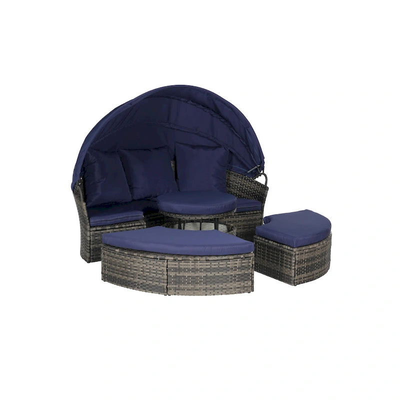 Ensemble de 5 pièces de mobilier d'extérieur pour terrasse, lit de jour rond en osier, ensemble de conversation avec auvent rétractable, coussins moelleux et table escamotable