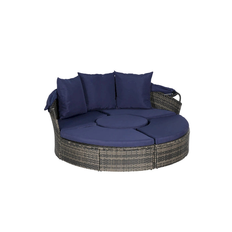 Ensemble de 5 pièces de mobilier d'extérieur pour terrasse, lit de jour rond en osier, ensemble de conversation avec auvent rétractable, coussins moelleux et table escamotable