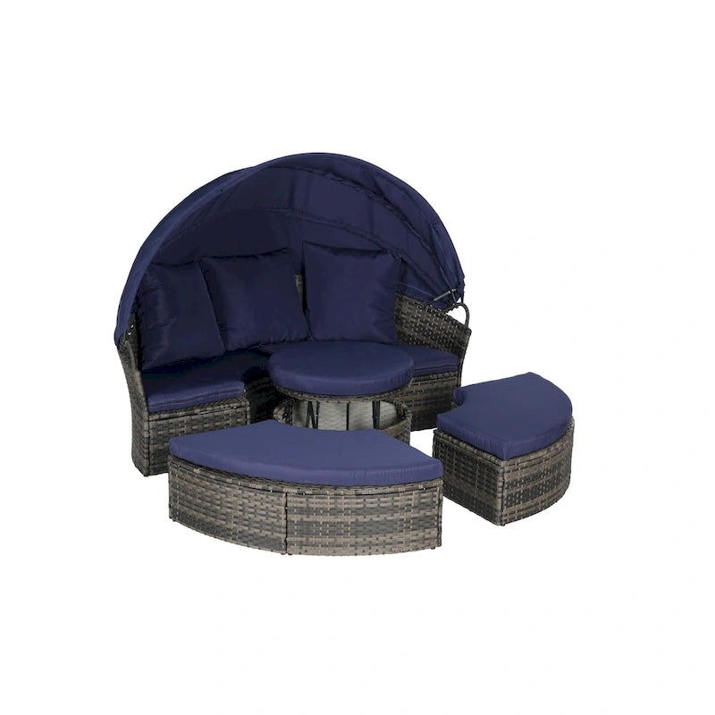 Ensemble de 5 pièces de mobilier d'extérieur pour terrasse, lit de jour rond en osier, ensemble de conversation avec auvent rétractable, coussins moelleux et table escamotable