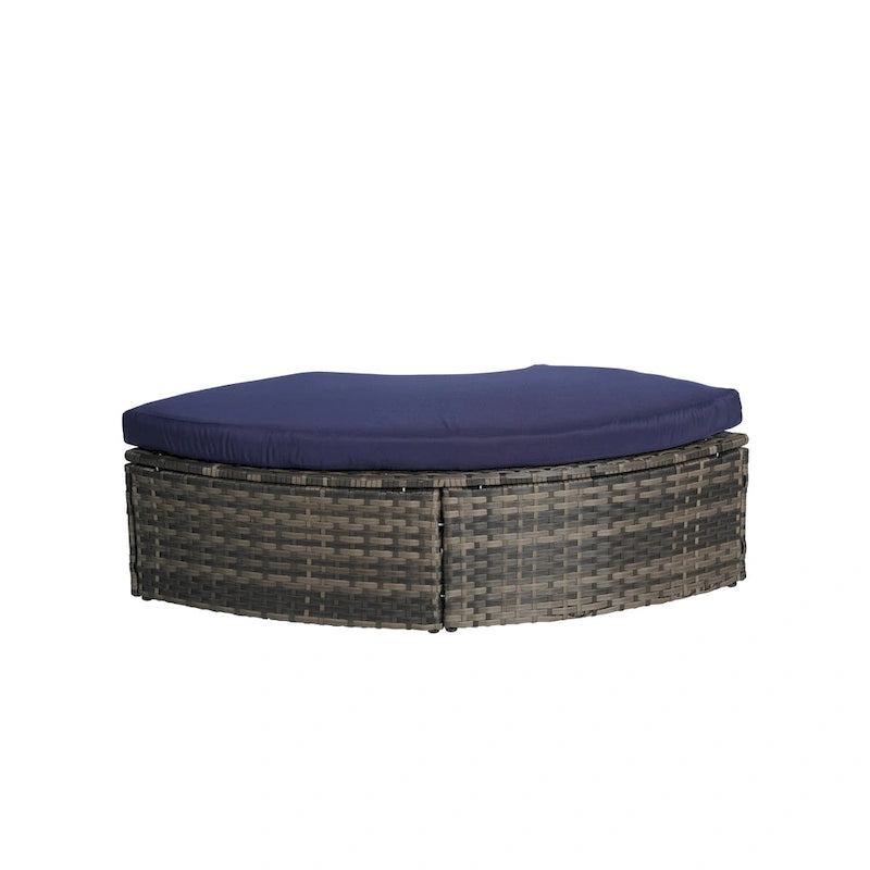 Ensemble de 5 pièces de mobilier d'extérieur pour terrasse, lit de jour rond en osier, ensemble de conversation avec auvent rétractable, coussins moelleux et table escamotable