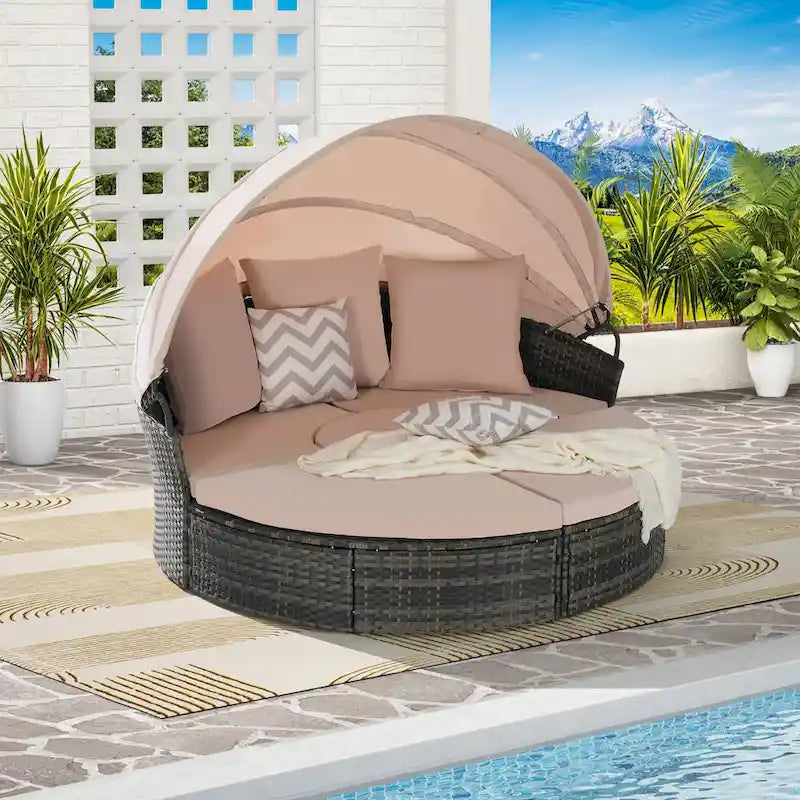 Ensemble de 5 pièces de mobilier d'extérieur pour terrasse, lit de jour rond en osier, ensemble de conversation avec auvent rétractable, coussins moelleux et table escamotable