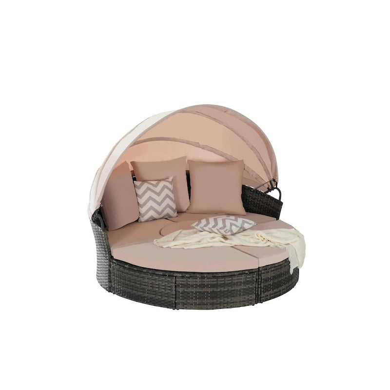 Ensemble de 5 pièces de mobilier d'extérieur pour terrasse, lit de jour rond en osier, ensemble de conversation avec auvent rétractable, coussins moelleux et table escamotable
