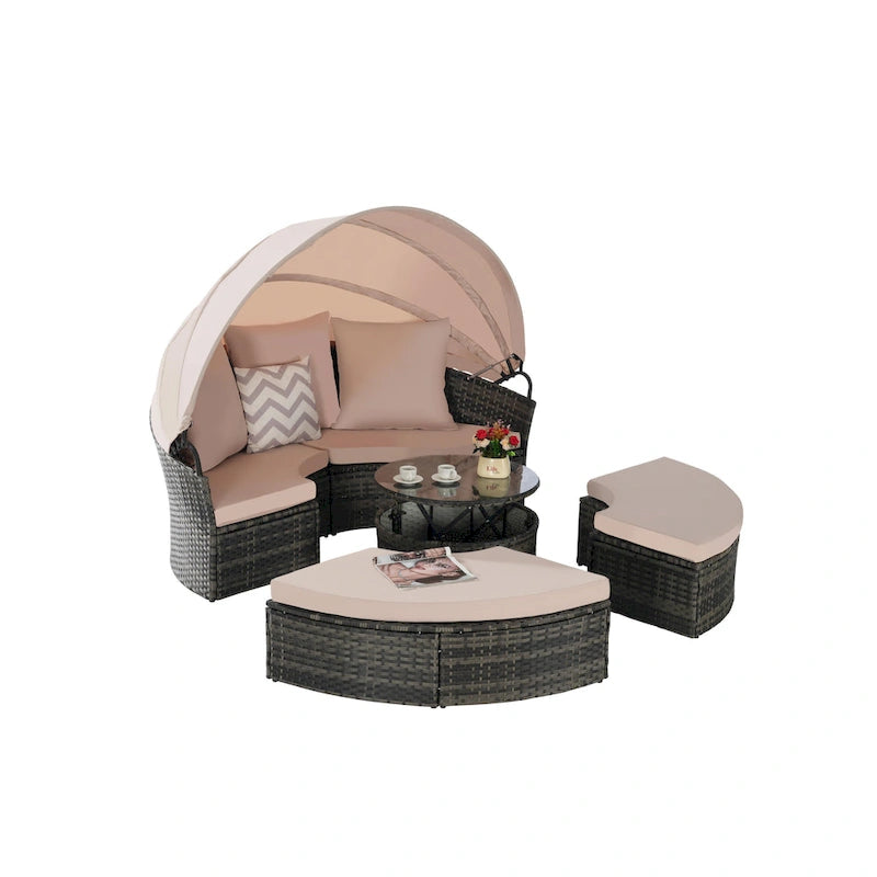 Ensemble de 5 pièces de mobilier d'extérieur pour terrasse, lit de jour rond en osier, ensemble de conversation avec auvent rétractable, coussins moelleux et table escamotable