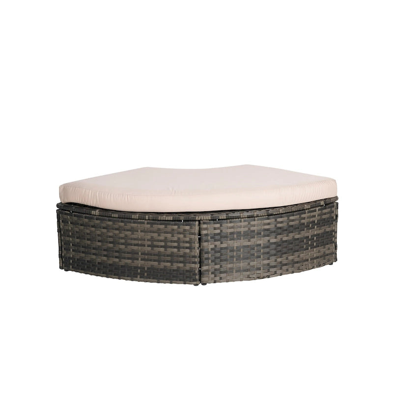 Ensemble de 5 pièces de mobilier d'extérieur pour terrasse, lit de jour rond en osier, ensemble de conversation avec auvent rétractable, coussins moelleux et table escamotable