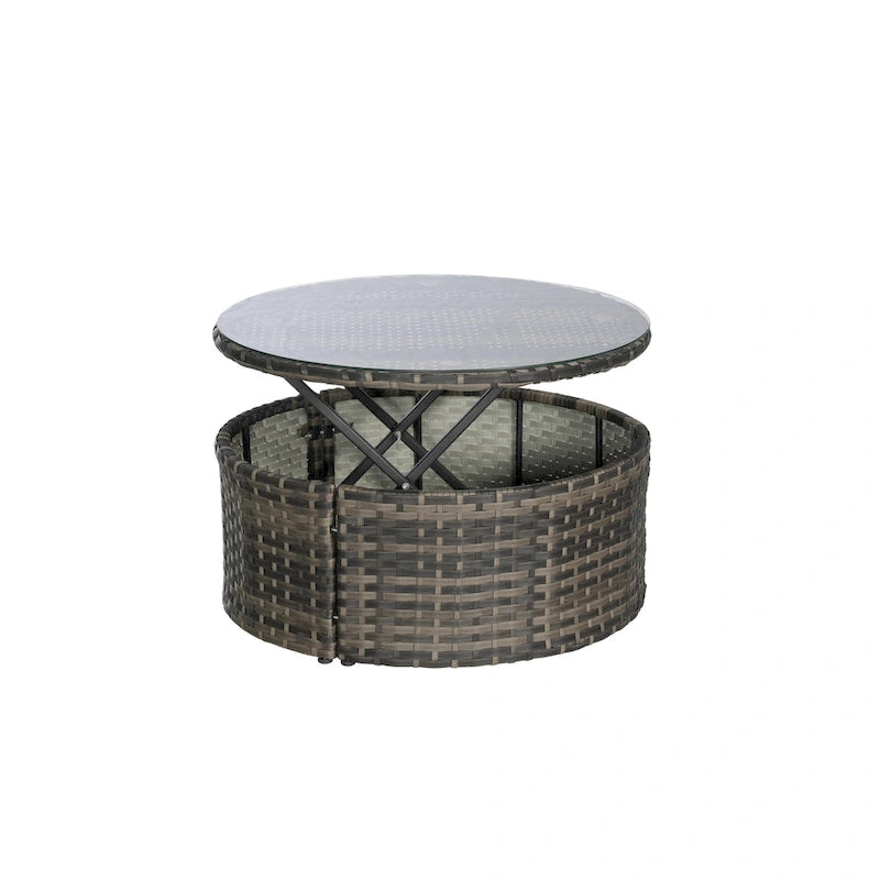 Ensemble de 5 pièces de mobilier d'extérieur pour terrasse, lit de jour rond en osier, ensemble de conversation avec auvent rétractable, coussins moelleux et table escamotable