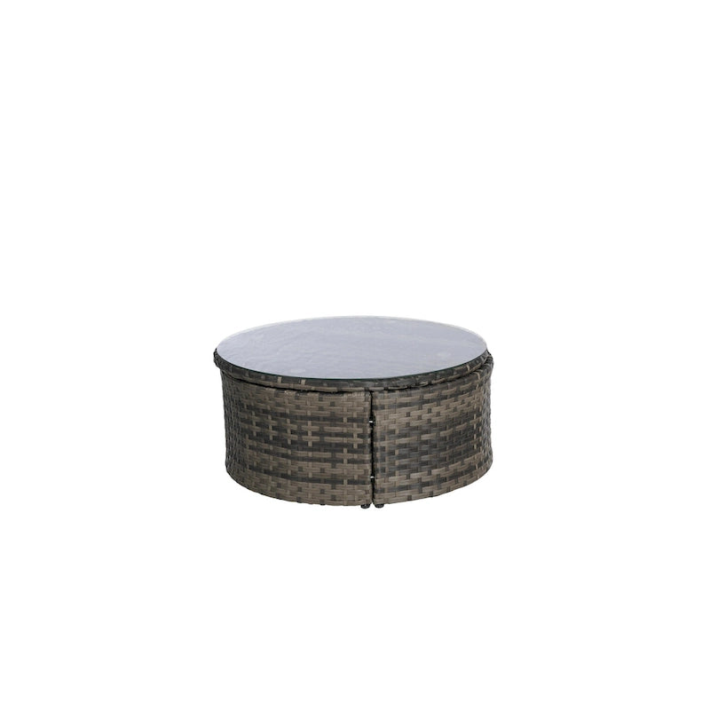 Ensemble de 5 pièces de mobilier d'extérieur pour terrasse, lit de jour rond en osier, ensemble de conversation avec auvent rétractable, coussins moelleux et table escamotable