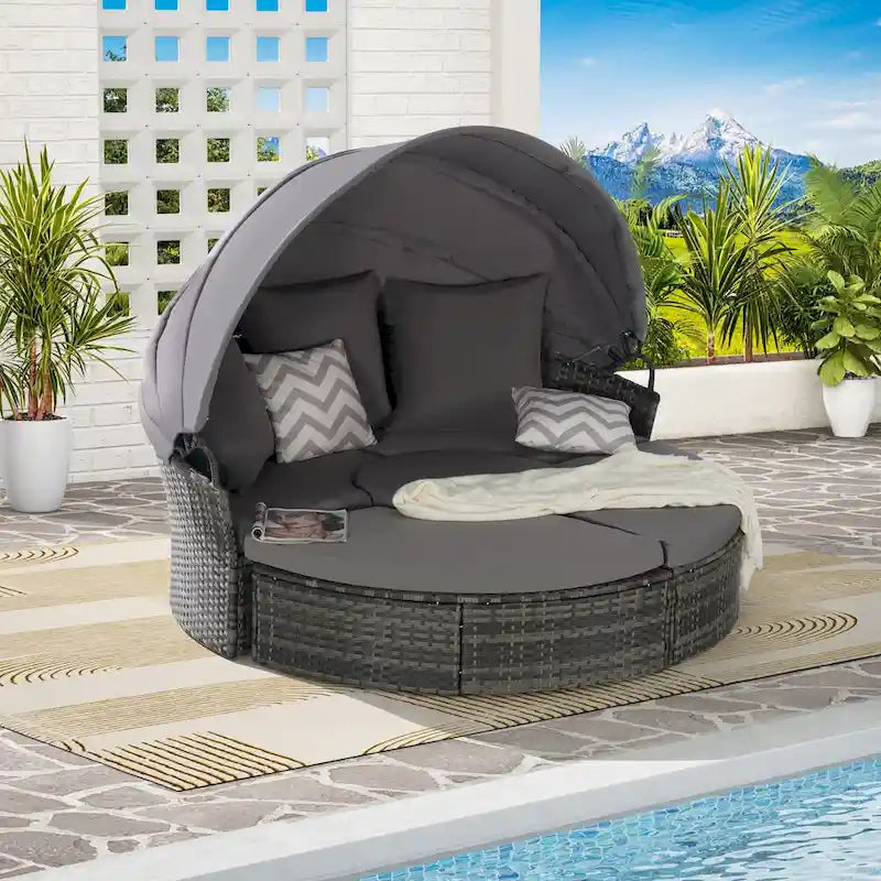 Ensemble de 5 pièces de mobilier d'extérieur pour terrasse, lit de jour rond en osier, ensemble de conversation avec auvent rétractable, coussins moelleux et table escamotable
