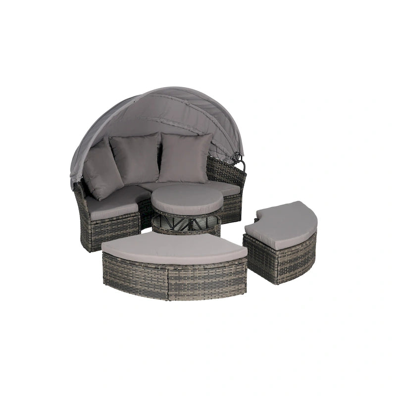 Ensemble de 5 pièces de mobilier d'extérieur pour terrasse, lit de jour rond en osier, ensemble de conversation avec auvent rétractable, coussins moelleux et table escamotable