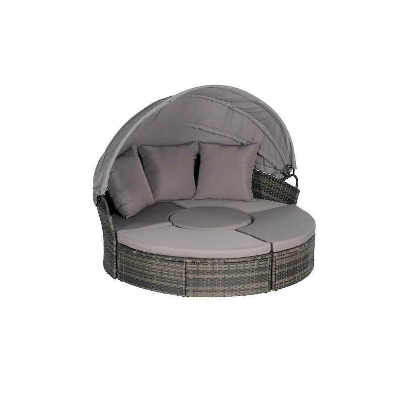 Ensemble de 5 pièces de mobilier d'extérieur pour terrasse, lit de jour rond en osier, ensemble de conversation avec auvent rétractable, coussins moelleux et table escamotable