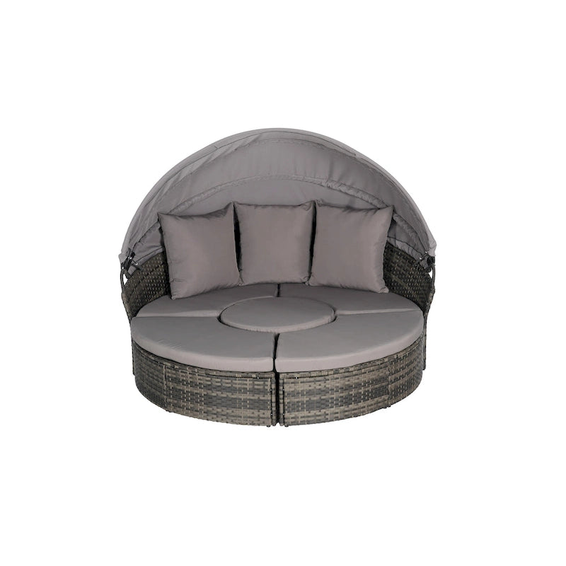 Ensemble de 5 pièces de mobilier d'extérieur pour terrasse, lit de jour rond en osier, ensemble de conversation avec auvent rétractable, coussins moelleux et table escamotable