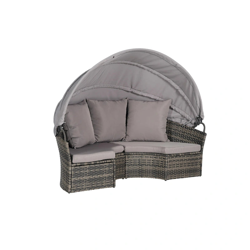 Ensemble de 5 pièces de mobilier d'extérieur pour terrasse, lit de jour rond en osier, ensemble de conversation avec auvent rétractable, coussins moelleux et table escamotable