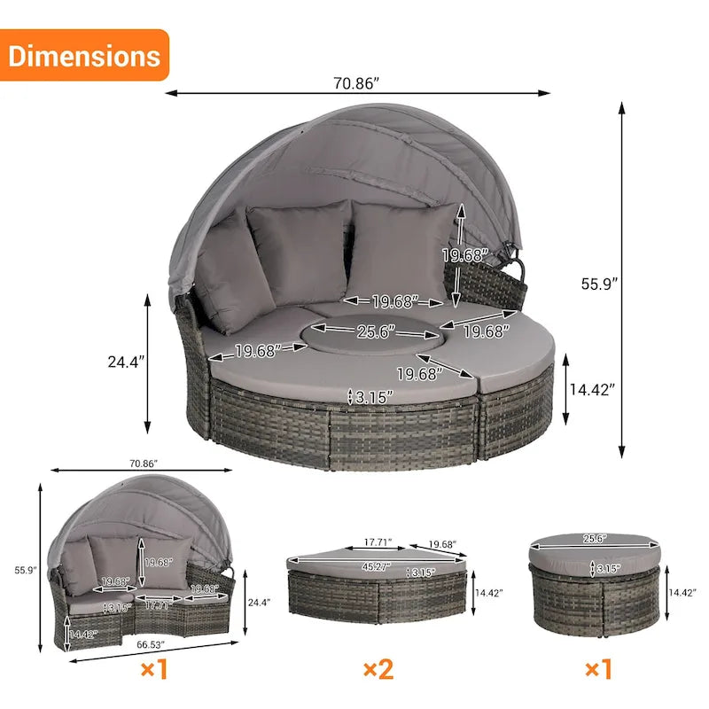 Ensemble de 5 pièces de mobilier d'extérieur pour terrasse, lit de jour rond en osier, ensemble de conversation avec auvent rétractable, coussins moelleux et table escamotable
