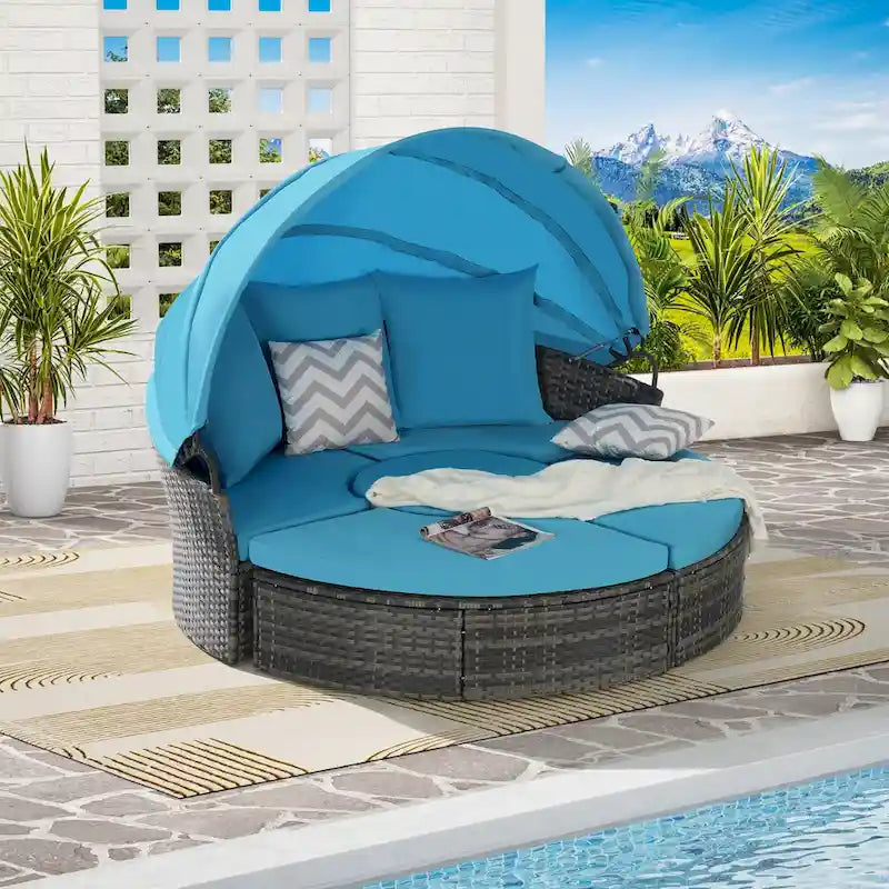Ensemble de 5 pièces de mobilier d'extérieur pour terrasse, lit de jour rond en osier, ensemble de conversation avec auvent rétractable, coussins moelleux et table escamotable