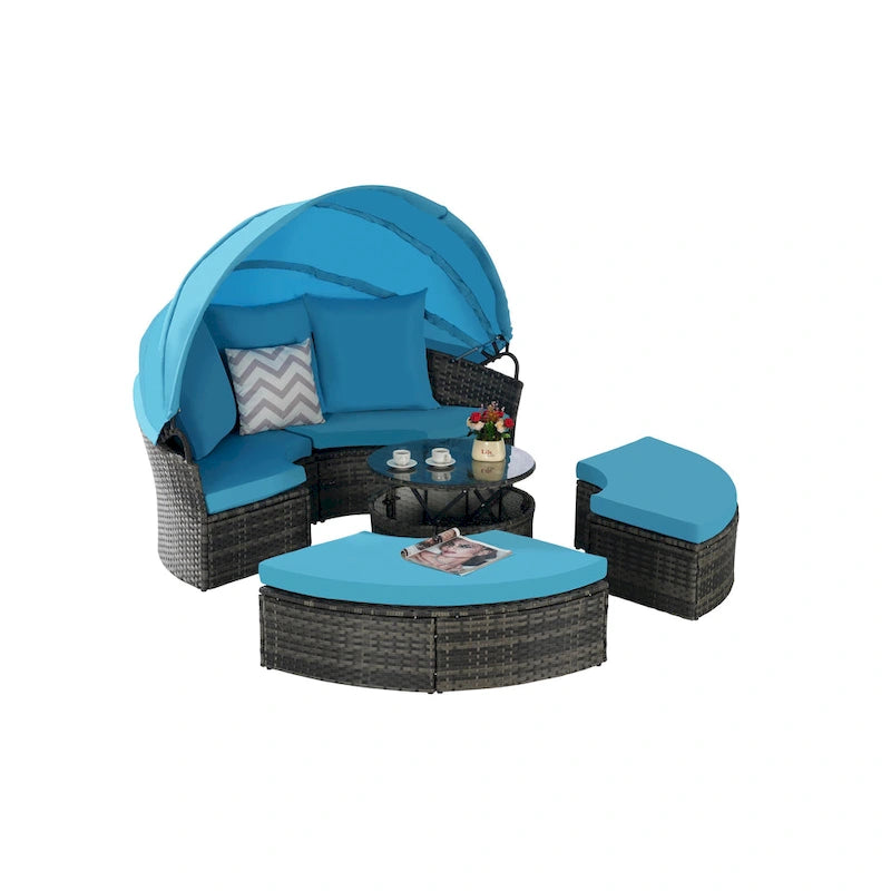 Ensemble de 5 pièces de mobilier d'extérieur pour terrasse, lit de jour rond en osier, ensemble de conversation avec auvent rétractable, coussins moelleux et table escamotable
