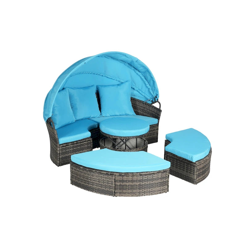 Ensemble de 5 pièces de mobilier d'extérieur pour terrasse, lit de jour rond en osier, ensemble de conversation avec auvent rétractable, coussins moelleux et table escamotable