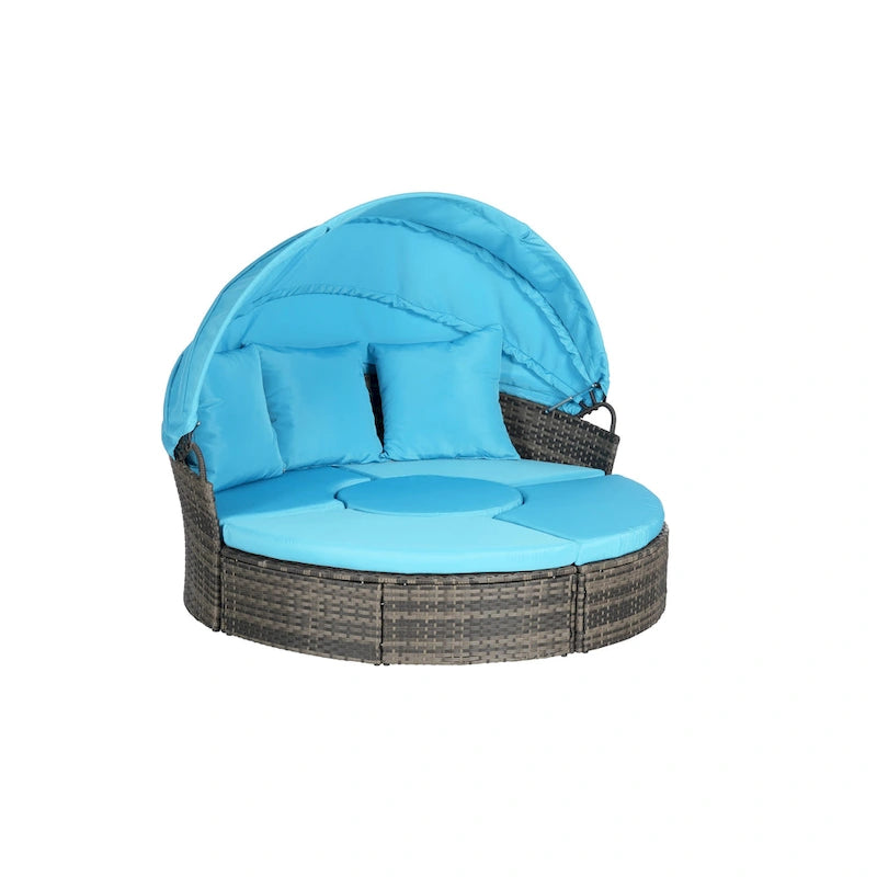Ensemble de 5 pièces de mobilier d'extérieur pour terrasse, lit de jour rond en osier, ensemble de conversation avec auvent rétractable, coussins moelleux et table escamotable