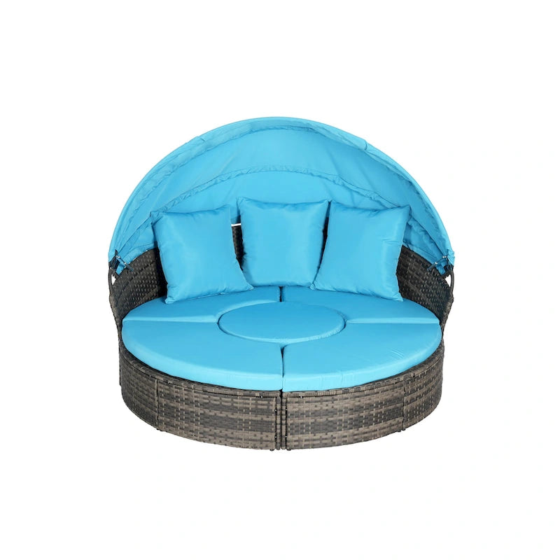 Ensemble de 5 pièces de mobilier d'extérieur pour terrasse, lit de jour rond en osier, ensemble de conversation avec auvent rétractable, coussins moelleux et table escamotable