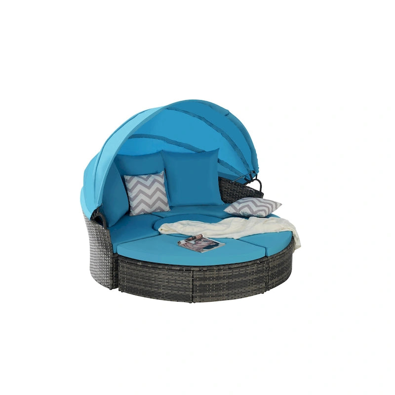 Ensemble de 5 pièces de mobilier d'extérieur pour terrasse, lit de jour rond en osier, ensemble de conversation avec auvent rétractable, coussins moelleux et table escamotable